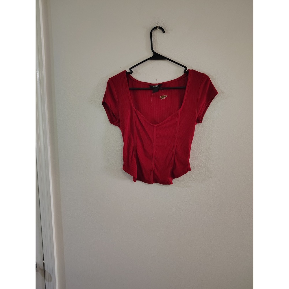 Just Polly New York Red Ribbed Corset Style Crop Top Short Sleeve Sweetheart M